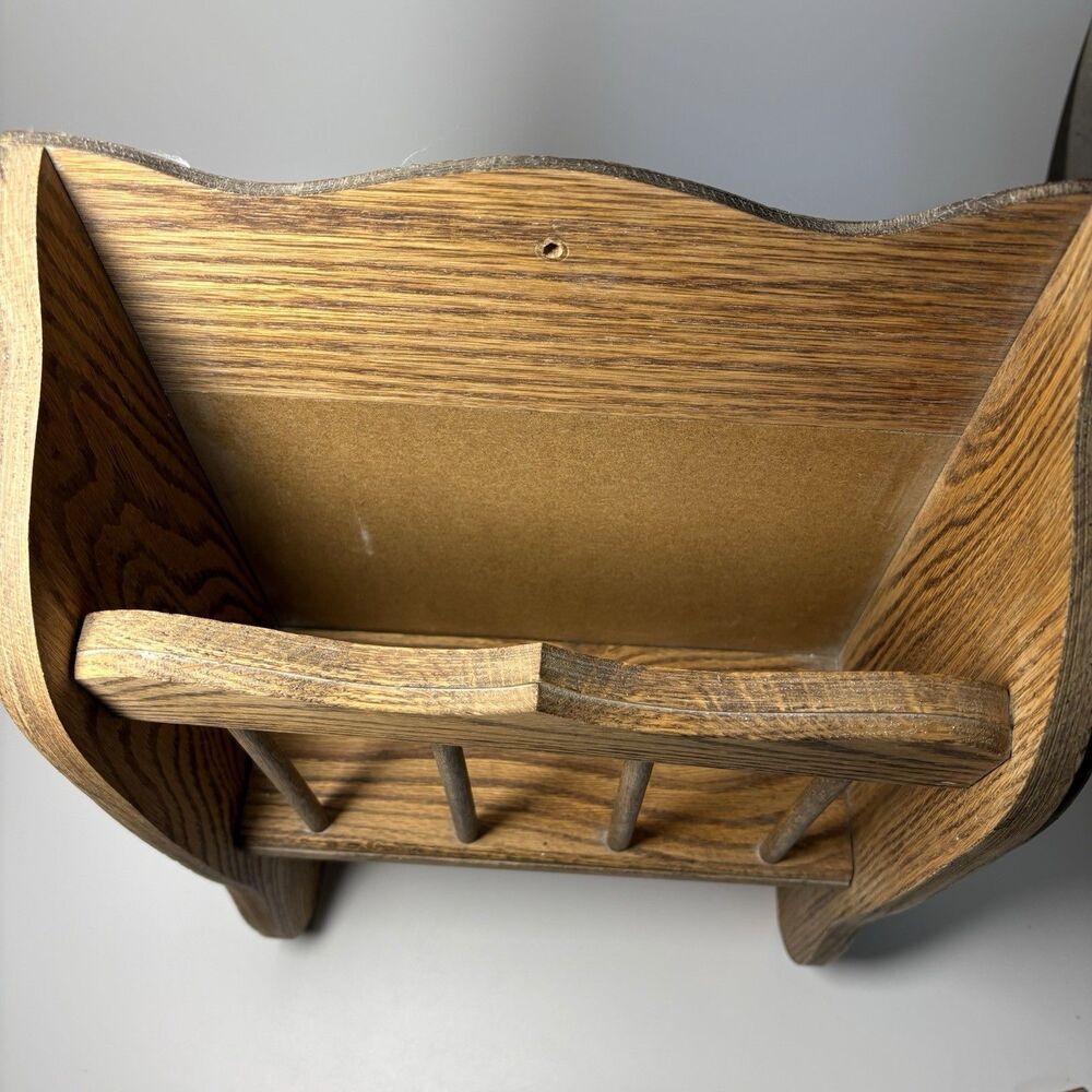 Solid Oak Wood Wall Magazine Book Shelf Double Toilet Paper Holder Vintage - Picture 5 of 10